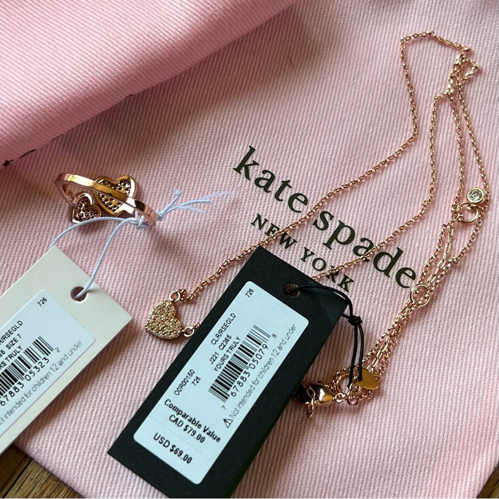 NEW Kate Spade Yours Truly Pave Heart Ring & Mini Pendant Necklace Rose Gold - Picture 7 of 8